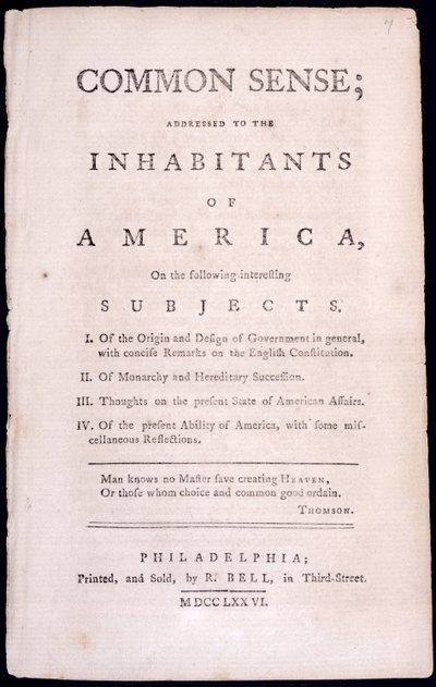 Strona tytułowa do Common Sense Thomasa Paine (1737-1809) 1776 (druk) autorstwa American School
