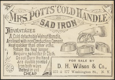 Karta handlowa dla pani Potts „Cold Handle Sad Iron, c.1870-1900 autorstwa American School