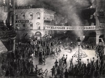 Triumfalny przyjazd pierwszego posłańca Pony Express do Sacramento, 13 kwietnia 1860 (wc na papierze) autorstwa American School