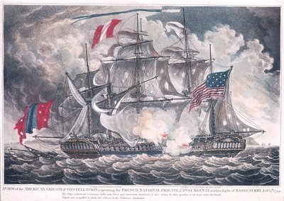 US Fregata Constellation przechwytuje LInsurgente w Indiach Zachodnich w bitwie pod Basseterre, 9 lutego 1799, opublikowana w 1800 autorstwa American School