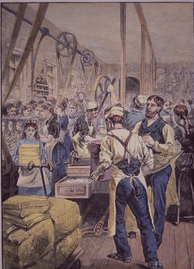 Przemysł tekstylny USA, fabryka tekstylna na północy, ok. 1870 (kolorowe grawerowanie) autorstwa American School