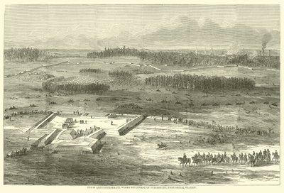 Prace Unii i Konfederacji na południowy zachód od Petersburga, ze stacji sygnalizacyjnej, marzec 1865 autorstwa American School