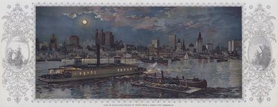 Widok wyspy Manhattan nocą z promu w Jersey City (kolorowa litografia) autorstwa American School