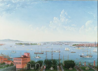 Widok na port w Nowym Jorku z Brooklyn Heights, ok. 1860 (olej na płótnie) autorstwa American School