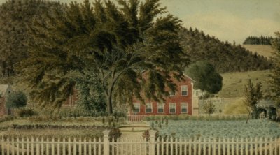 Widok czerwonego domu z płotem, 1854 (wc z gwaszem na papierze) autorstwa American School