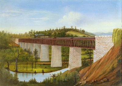 Widok na kryty most i tory kolejowe, ok.1870 autorstwa American School