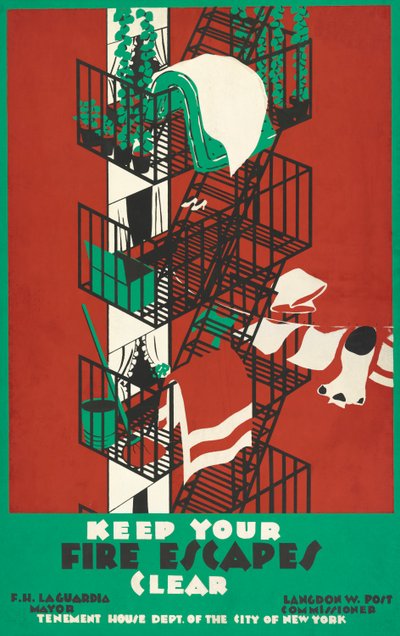 Vintage plakat przedstawiający ucieczkę pożarową z Nowego Jorku autorstwa American School