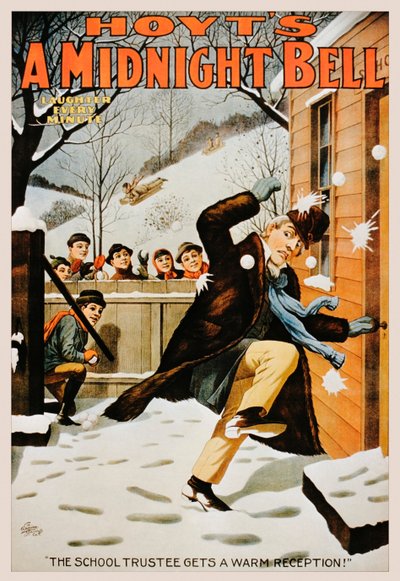 Vintage plakat przedstawiający chłopców obrzucających mężczyznę śnieżkami, 1890-99 autorstwa American School