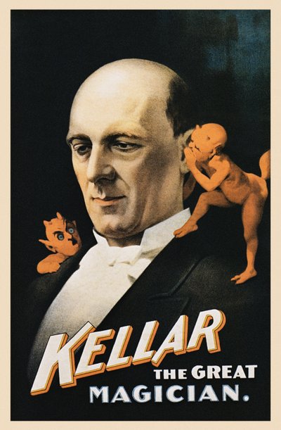 Plakat w stylu vintage przedstawiający mężczyznę z szepczącymi diabłami autorstwa American School
