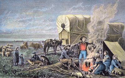 Emigranci wagonowi na zachód (kolorowy grawerunek) autorstwa American School