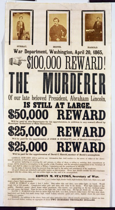 Plakat Departamentu Wojny w Waszyngtonie zapowiadający nagrodę w wysokości 100 000 USD za odnalezienie mordercy Abrahama Lincolna, 20 kwietnia 1865 r autorstwa American School