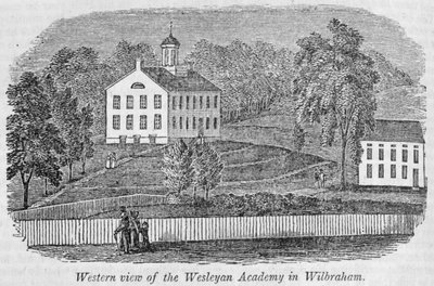 Zachodni widok Akademii Wesleyańskiej w Wilbraham, z „Historical Collections of Massachusetts”, John Warner Barber, 1839 (rycina) autorstwa American School