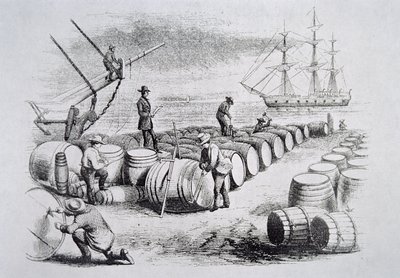 Wielorybniki mierzące olej w beczkach, z The American Whale Fishery, ok. 1850 (rycina) autorstwa American School