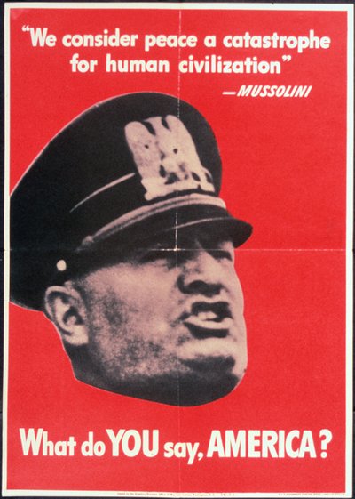 "What you say AMERICA?", amerykański plakat z II wojny światowej z twarzą Mussoliniego, Anon, c.1942 autorstwa American School