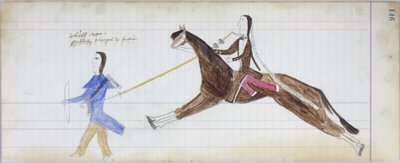 Biały człowiek częściowo przemieniony w Indianina, ilustracja z Black Horse Ledger, 1877-79 (ołówek i kredka na papierze) autorstwa American School