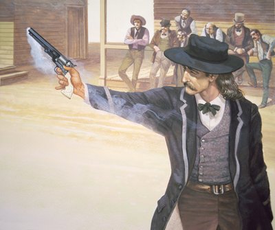 „Wild Bill” Hickok (1837-76) demonstruje swoją celność ze swoim modelem rewolweru Colt Navy (kolor lito) autorstwa American School