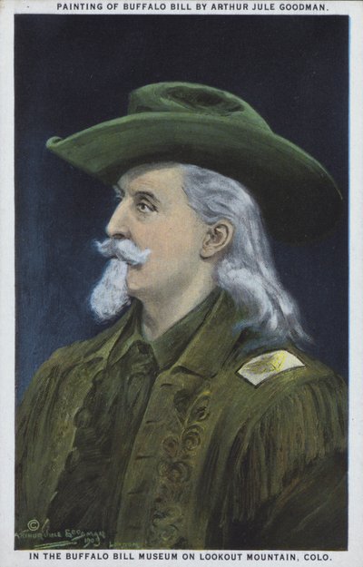 William "Buffalo Bill" Cody, amerykański zwiadowca, łowca bizonów i showman (kolorowa litografia) autorstwa American School