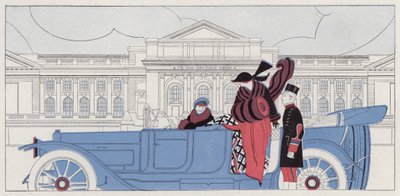 Kobieta zakochująca się w swoim szoferze, scena z opowiadania "Taking Chances" J. A. Waldrona (kolorowa litografia) autorstwa American School