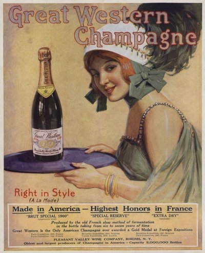 Młoda kobieta z butelką szampana, reklama Great Western Champagne (kolorowa litografia) autorstwa American School