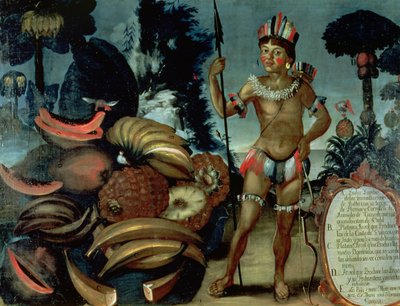 Indianka Yumbo z okolic Quito w Ekwadorze, z różnymi owocami i drzewami (olej na płótnie) autorstwa American School