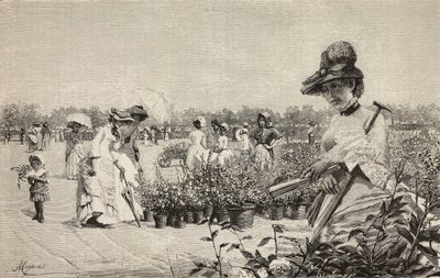 Kobiety spacerujące po Brerze, Mediolan, Włochy, rycina z obrazu Maggio (maj) Amerino Cagnoniego (1853-1923), z L