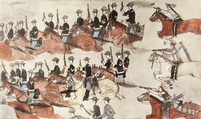 Bitwa pod Little Bighorn, Montana, USA, 25-26 czerwca 1876 c1900 autorstwa Amos Bad Heart Buffalo