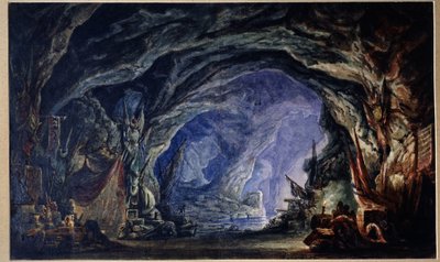 Dekoracja przygotowawcza do baletu Le Corsaire autorstwa Adolphe Adama (1803-1856) (projekt scenografii do baletu Corsair autorstwa A.Adam). Jaskinia korsarzy, dostępna drogą morską, gdzie gromadzą swoje łupy i nagrody wszelkiego rodzaju (ubrania, naczynia autorstwa Anatoli Fedorovich Geltser