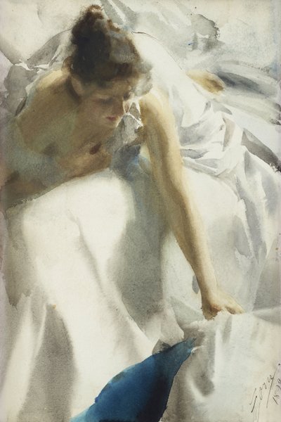 ""Reveil, boulevard Clichy, Paris"" (Przebudzenie, Boulevard Clichy) Młoda dziewczyna w negliżu - akwarela Andersa Leonarda Zorna (1860-1920) 1892 Kolekcja prywatna autorstwa Anders Leonard Zorn