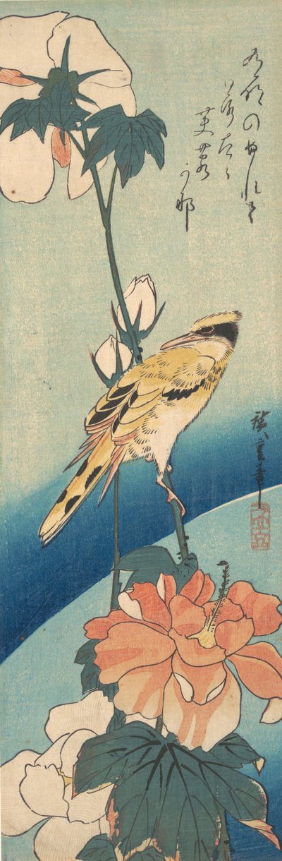 Wilga czarnowłosa na łodydze róży, ca. 1834., ca. 1834. autorstwa Ando Hiroshige