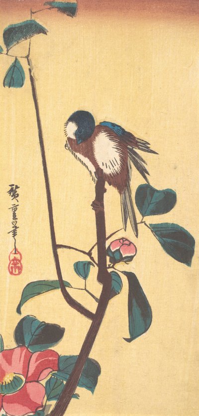 Kamelia i ptak niebieskogłowy, ca. 1833., ca. 1833. autorstwa Ando Hiroshige