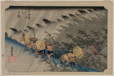 Padający deszcz na stacji Shono 46 z serii Pięćdziesiąt trzy stacje Tokaido, 1833. autorstwa Ando Hiroshige