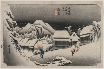 Wieczorny śnieg w Kambara numer szesnasty z serii Pięćdziesiąt trzy stacje Tokaido, 1833. autorstwa Ando Hiroshige