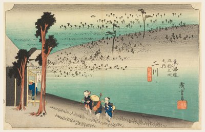 Ceremonia parzenia herbaty Futagawa, członek pięćdziesięciu trzech dźwięków Stachi z miasta dolnego d autorstwa Ando Hiroshige