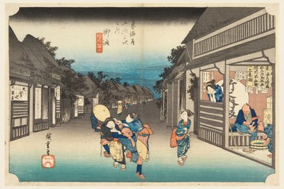 Goyu, kobiety zatrzymujące podróżnych, w pięćdziesięciu trzech stacjach Tokaido Road (Tokaido Gojusan Tsugi-no Uchi) autorstwa Ando Hiroshige