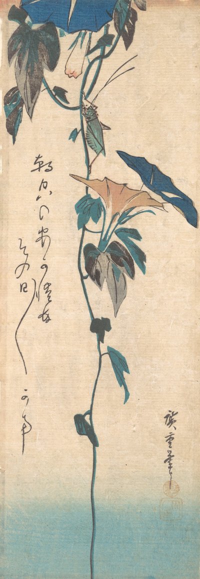 Konik polny i winorośl o poranku, ca. 1835., ca. 1835. autorstwa Ando Hiroshige