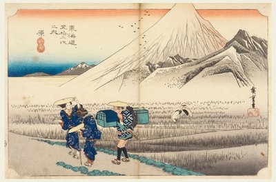 Hara, Fuji o świcie, w pięćdziesięciu trzech stacjach drogi Tokaido (Tokaido Gojusan Tsugi-no Uchi) autorstwa Ando Hiroshige