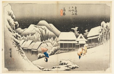 Kambara, Śnieg o zmierzchu, w Pięćdziesięciu trzech stacjach Tokaido Road (Tokaido Gojusan Tsugi-no Uchi) autorstwa Ando Hiroshige