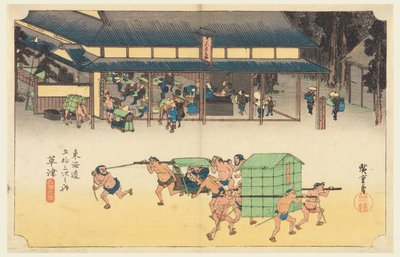 Kusatsu, stacja słynąca z ciast ryżowych, na pięćdziesięciu trzech stacjach Tokaido Road (Tokaido Gojusan Tsugi-no Uchi) autorstwa Ando Hiroshige