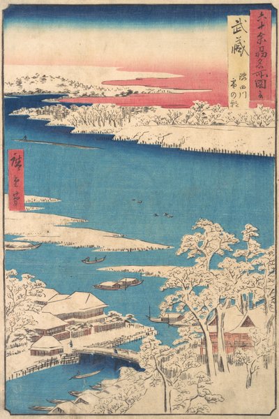 Poranek po śniegu, rzeka Sumida, prowincja Musashi , z cyklu Widoki o..., ok. godz. 1853. autorstwa Ando Hiroshige