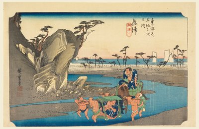 Wielebny Okitsu, członek pięćdziesięciu trzech dźwięków Stachi z miasta dolnego d (stopień miejski goshuzan tsugi) autorstwa Ando Hiroshige