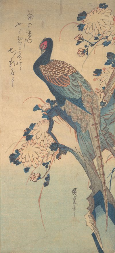 Bażant z Chryzantemami, ca. 1835., ca. 1835. autorstwa Ando Hiroshige