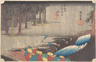 Wiosenny deszcz w Tsuchiyamie, z serii Pięćdziesiąt trzy stacje Tokaido, 1834-35., 1834-35. autorstwa Ando Hiroshige