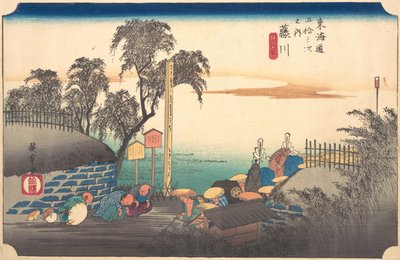 Stacja trzydziesta ósma: Fujikawa, Scena na granicy, z pięćdziesięciu trzech stacji..., ok. godz. 1833-34. autorstwa Ando Hiroshige