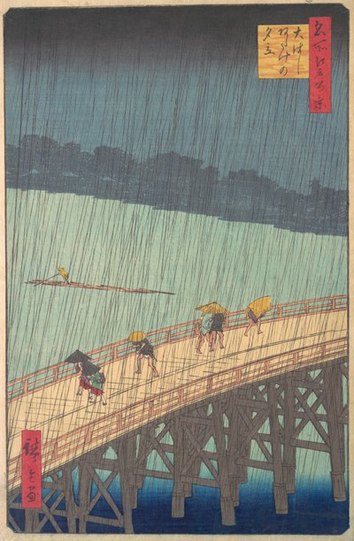 Sudden Shower over Shin-Ohashi Bridge and Atake Ohashi Atake no yudachi, from the series..., 1857. autorstwa Ando Hiroshige