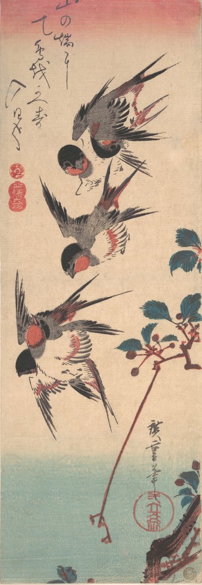 Jaskółki i Dzika Wiśnia, ca. 1834., ca. 1834. autorstwa Ando Hiroshige