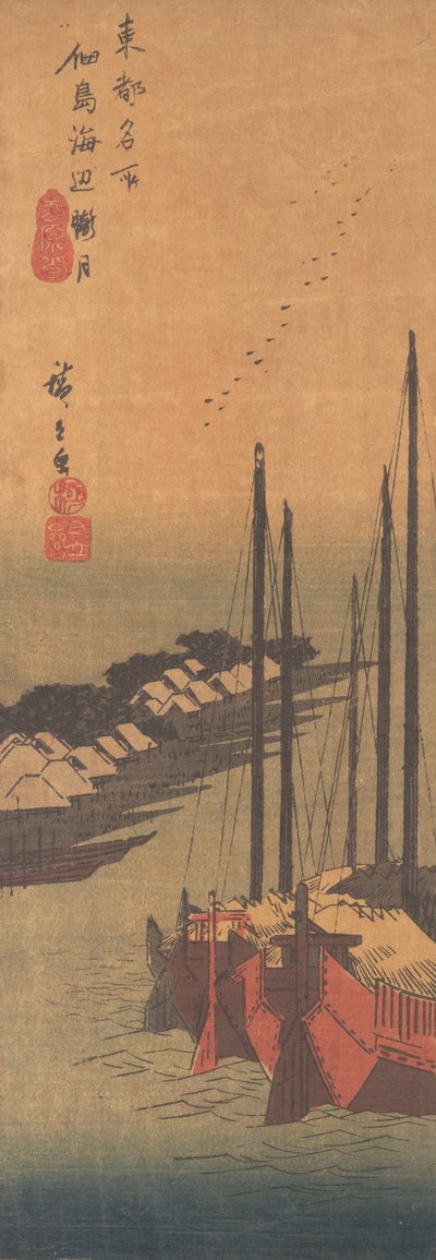 Zamglony księżyc w Tsukudajima. autorstwa Ando Hiroshige