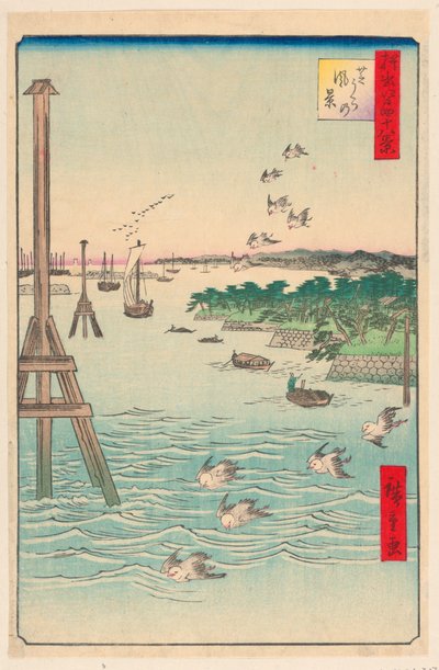 Widok na wybrzeże Shiba (Shibaura no fukei) z serii Sto słynnych widoków Edo autorstwa Ando Hiroshige