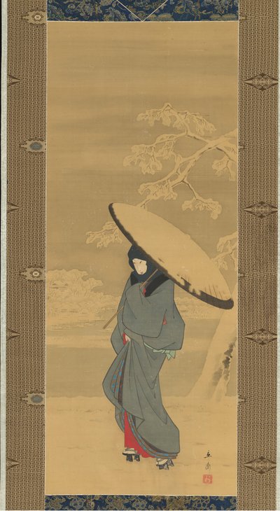 Kobieta spacerująca po śniegu, lata czterdzieste i pięćdziesiąte XIX wieku. autorstwa Ando Hiroshige
