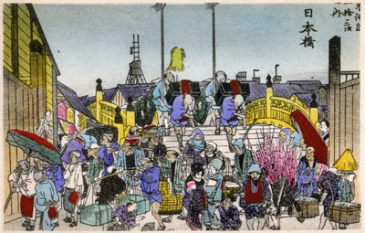 Geografia. Japonia. Poranna poświata na Nihonbashi (1. stacja). Drzeworyt autorstwa Hiroshige w: Fifty Three Stations of the Tokaido (1833-1834). Pocztówka, Japonia, ok. 1900 r. (pocztówka) autorstwa Ando or Utagawa (after) Hiroshige