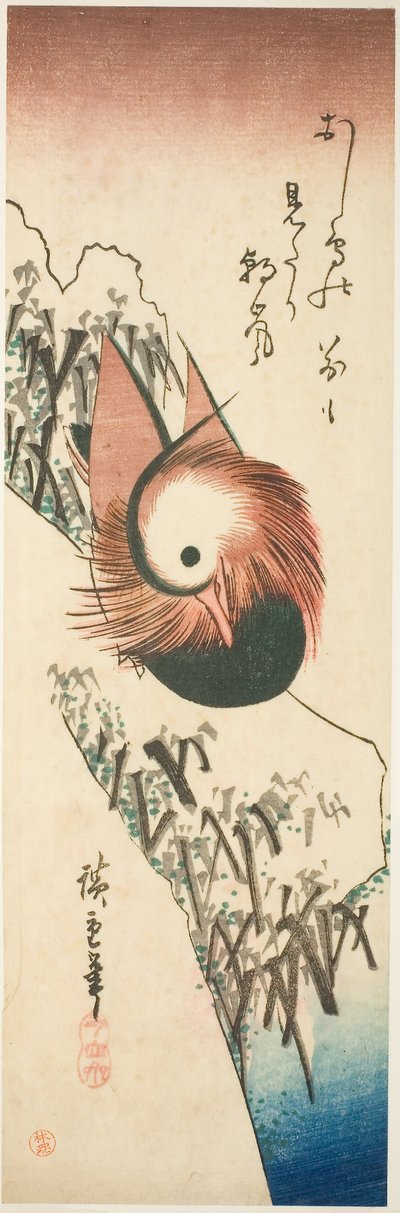 Kaczka mandaryńska na zaśnieżonym brzegu autorstwa Ando or Utagawa Hiroshige